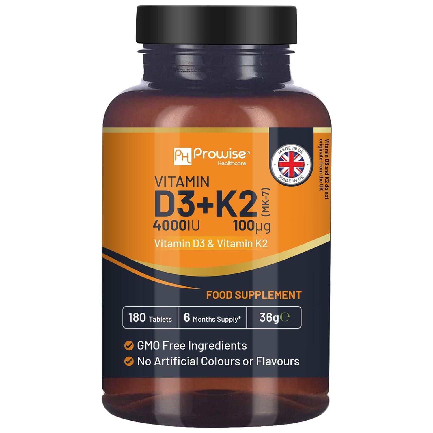 PH PROWISE Healthcare Vitamin D3 4000IU & K2 MK7 100g Vegetarian Tablets I 180 (6 Months Supply) I Easy to Swallow Supplement for Immune Support, Calcium Boost, Bone & Muscle I Made in The UK by Prowise Healthcare