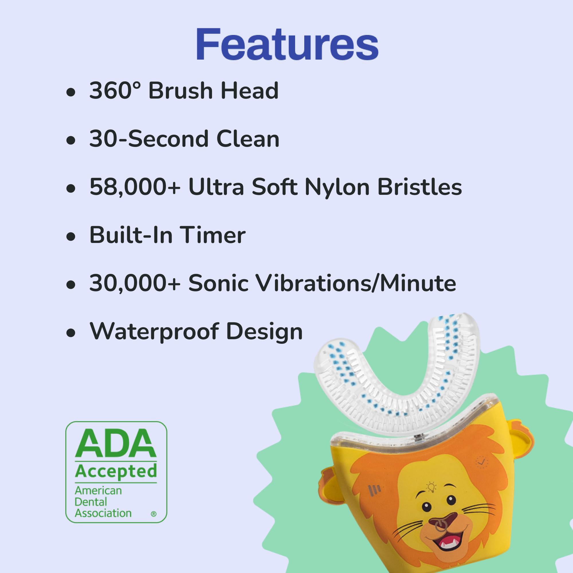 autobrush autobrush Kids U Shaped Electric Toothbrush, ADA Accepted, Sonic Pro with Unique 360 Nylon Bristles 3 Cleaning Modes,Whitening LED-Lights,Plays Music (Double-Sided),Ages 9-12, Lion