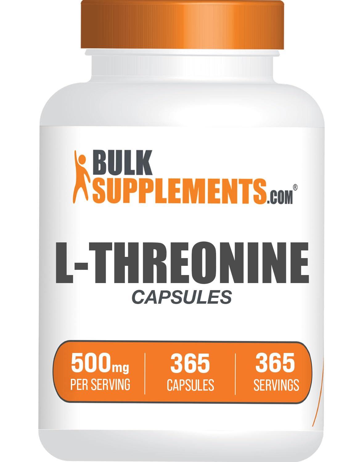 BULKSUPPLEMENTS.COM BulkSupplements.com L-Threonine Capsules - L-Threonine Supplement, Threonine 500mg - Amino Acid Supplement, Gluten Free, 1 Capsule per Serving, 365 Capsules (Pack of 1)