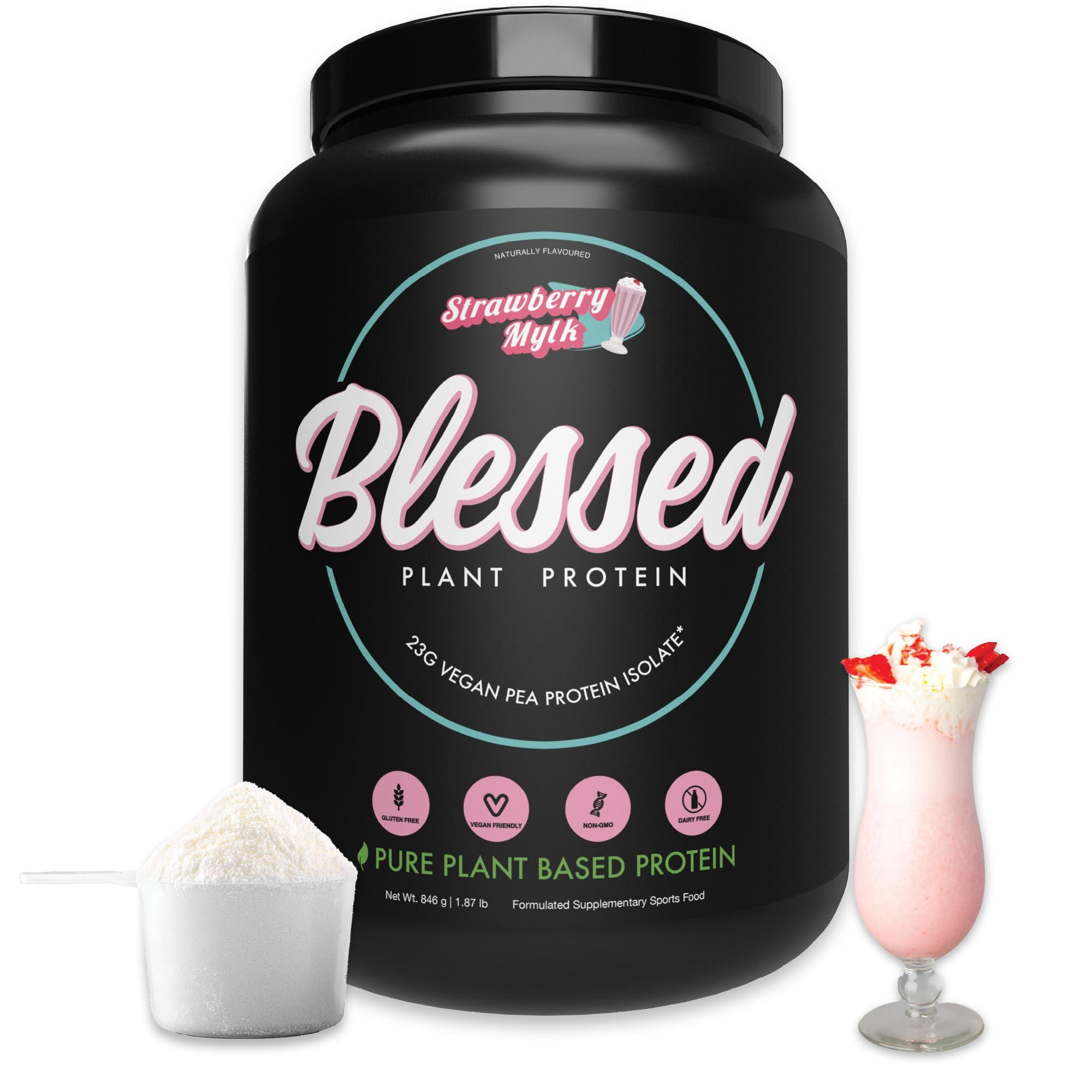 BLESSED BLESSED Vegan Protein Powder - Plant Based Protein Powder Meal Replacement Protein Shake, 23g of Pea Protein Powder, Dairy Free, Gluten Free, Soy Free, No Sugar Added, 30 Servings (Strawberry Mylk)