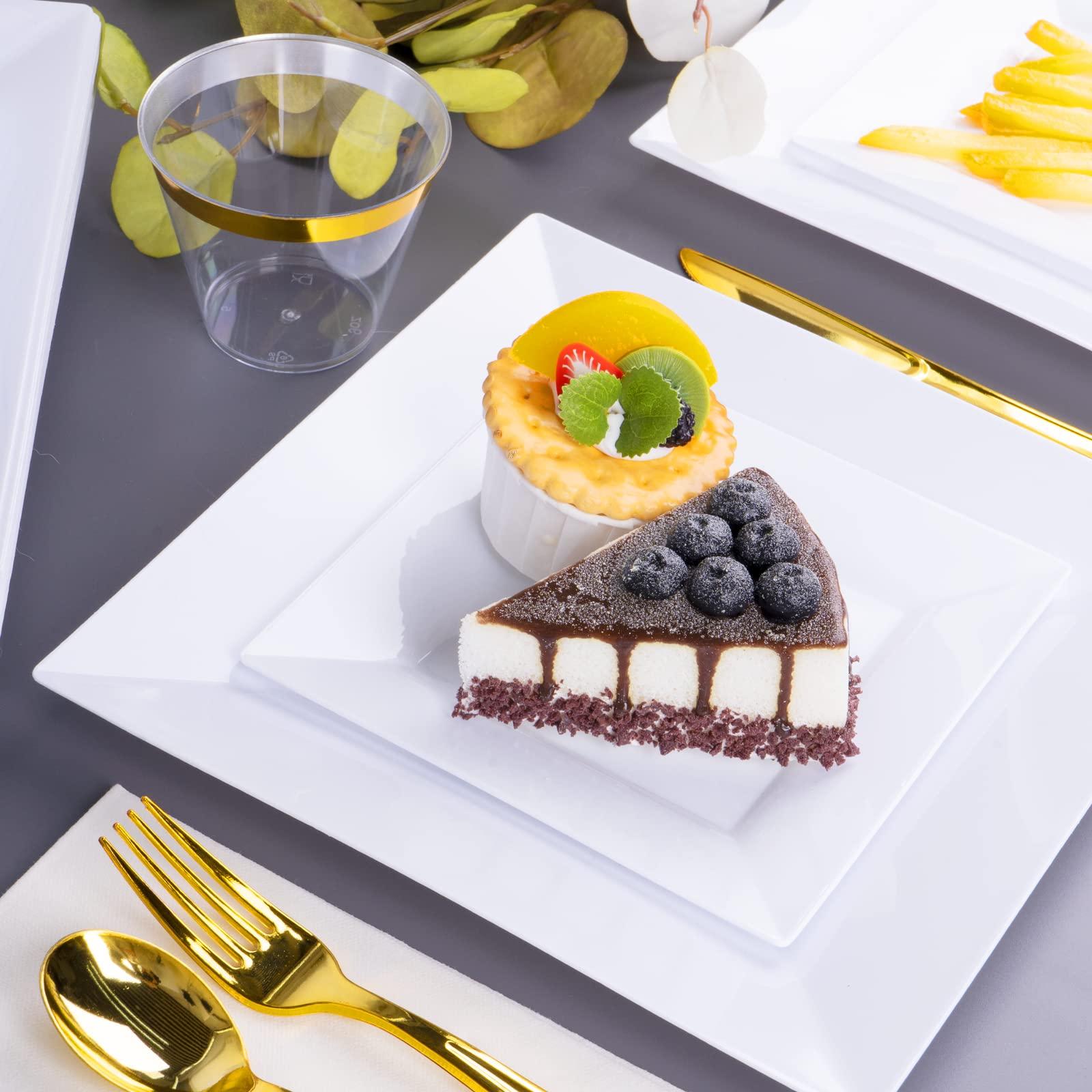 Goodluck Goodluck 100 Pack Disposable Square Plastic Plates, Heavy Duty 50pcs Dinner Plates 9.5\" and 50pcs Dessert Plates 6.5\", Fancy Disposable Plates for Wedding, Holiday Party, Birthday, White