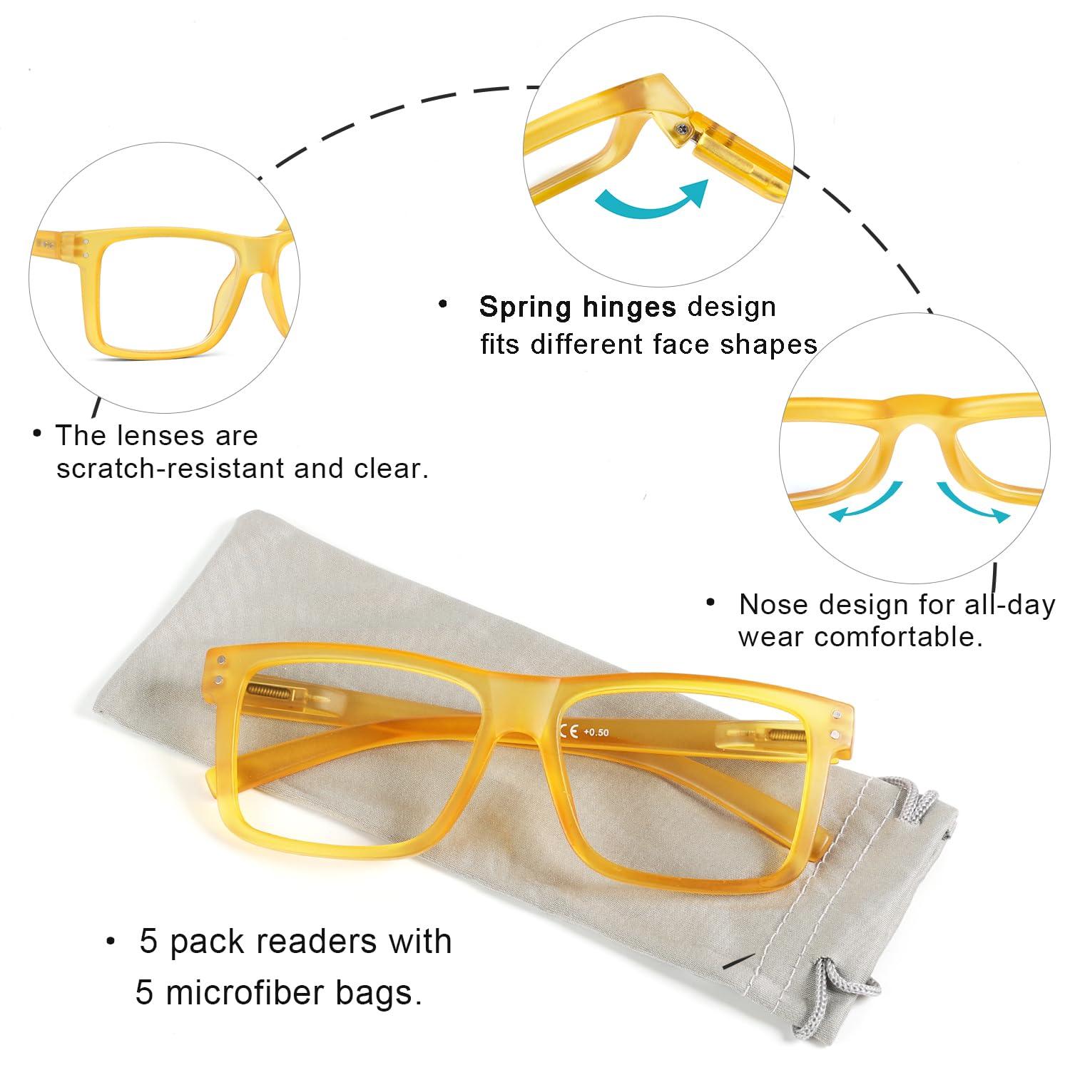 LUR Oversized Reading Glasses for Men 4.0 Large Square Readers Women 5 Pack Cheaters Glasses with Spring Hinges