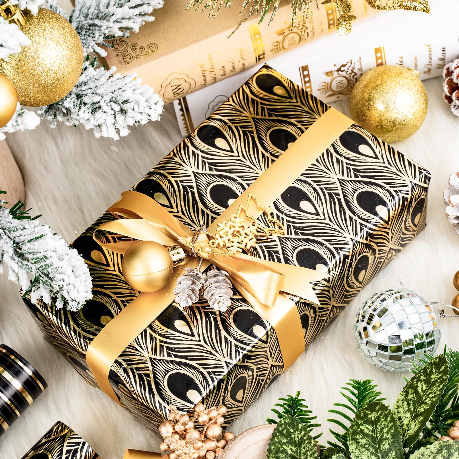 LeZakaa LeZakaa Black Gold Wrapping Paper - Mini Roll - Peacock Feathers/Stripe/Dot Design for Birthday, Wedding, Bridal Shower - 17 x 120 inches - 3 Rolls (42.5 sq.ft.ttl.)