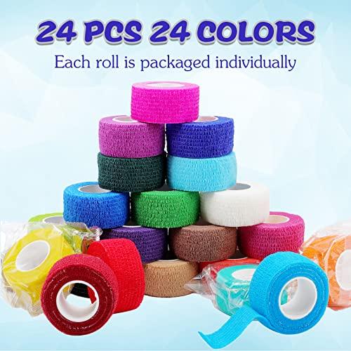 JEFHOMKIT 24 Pack Self Adhesive Bandage Wrap,Cohesive Wrap Bandages,Self Adherent Wrap 1 Inch X 5 Yards,Breathable Stretch Sports Tape,Elastic Self Adhesive Tape for Sports Wrist Ankle Athletic