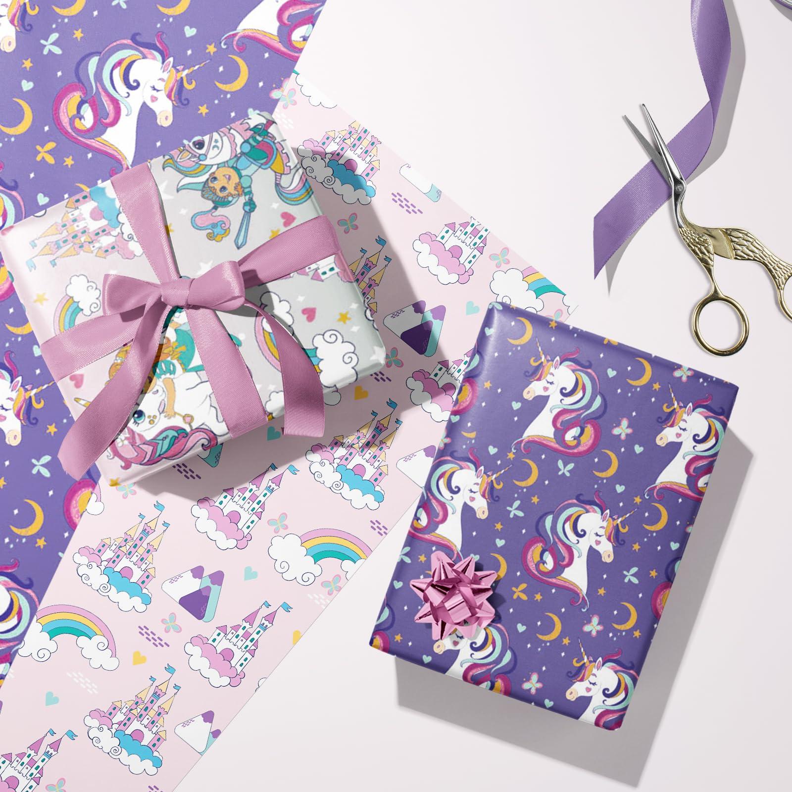 LeZakaa LeZakaa Unicorn Birthday Wrapping Paper Roll for Kids Girls Women, Purple Unicorn Wrapping Paper Rolls, Castle & Rainbow Gift Wrap for Birthday, Baby Shower Party Favor, 17 x 120 inches, 3 Rolls