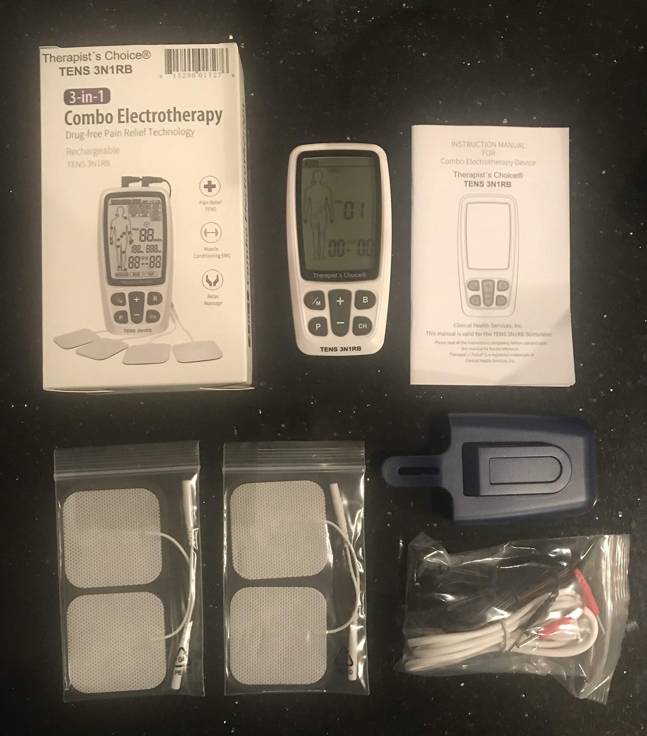 Therapist's Choice Therapist’s Choice® Rechargeable TENS3N1RB Combo TENS, EMS, Massage with Body Image Diagram Electrode Placement, with Belt Clip and Display Box.