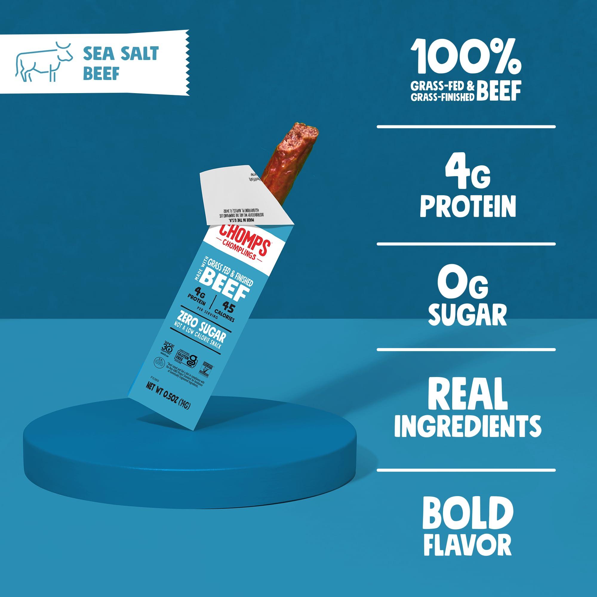 Chomps Chomps Snack Size Grass-Fed and Finished Sea Salt Beef Jerky Snack Sticks 0.5oz 24-Pack - Keto, Paleo, Whole30, 4g Lean Meat Protein, Gluten-Free, Zero Sugar Food, Non-GMO Chomplings