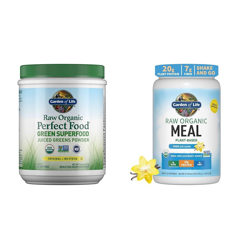 Garden of Life Garden of Life Raw Organic Perfect Food Green Superfood Juiced Greens Powder - Original Stevia-Free & Vegan Protein Powder - Raw Organic Meal Replacement Shakes - Vanilla