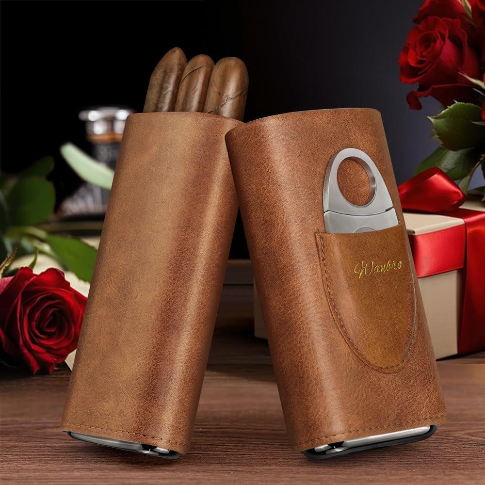 wanbro wanbro Cigar Case, 3pcs Holder, Cigars Travel Case, Cedar Lined, Leather Made Cigar Humidor with Stainless Cutter, Christmas gift for men dad