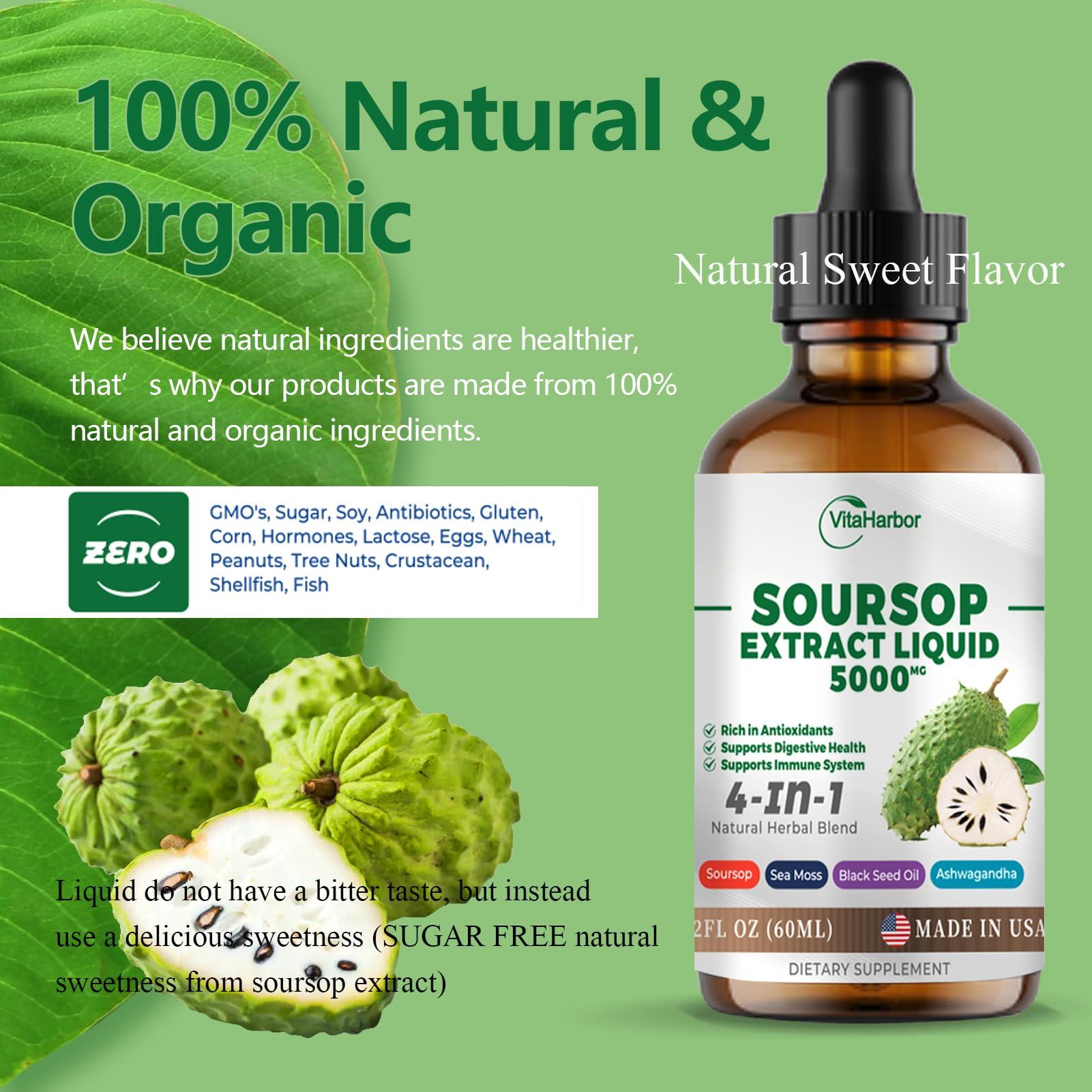 VitaHarbor 4-in-1 Soursop Bitters Liquid, Soursop Oil with Sea Moss & Black Seed Oil & Ashwagandha, for Immune & Digestive & Cell Support, Sugar-Free | Non-GMO | Vegan (2 Fl oz) Slightly Sweet Flavor