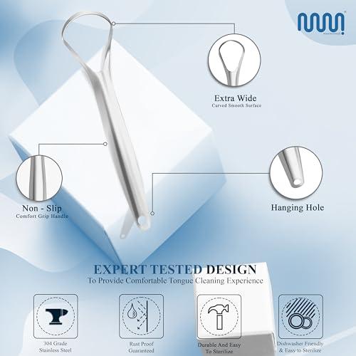 mastermedi MasterMedi Tongue Scraper for Adults, 100% Stainless Steel for Bad Breath, Easy to Use, Tongue Cleaner for Oral Care (Pack of 3 with Case), White