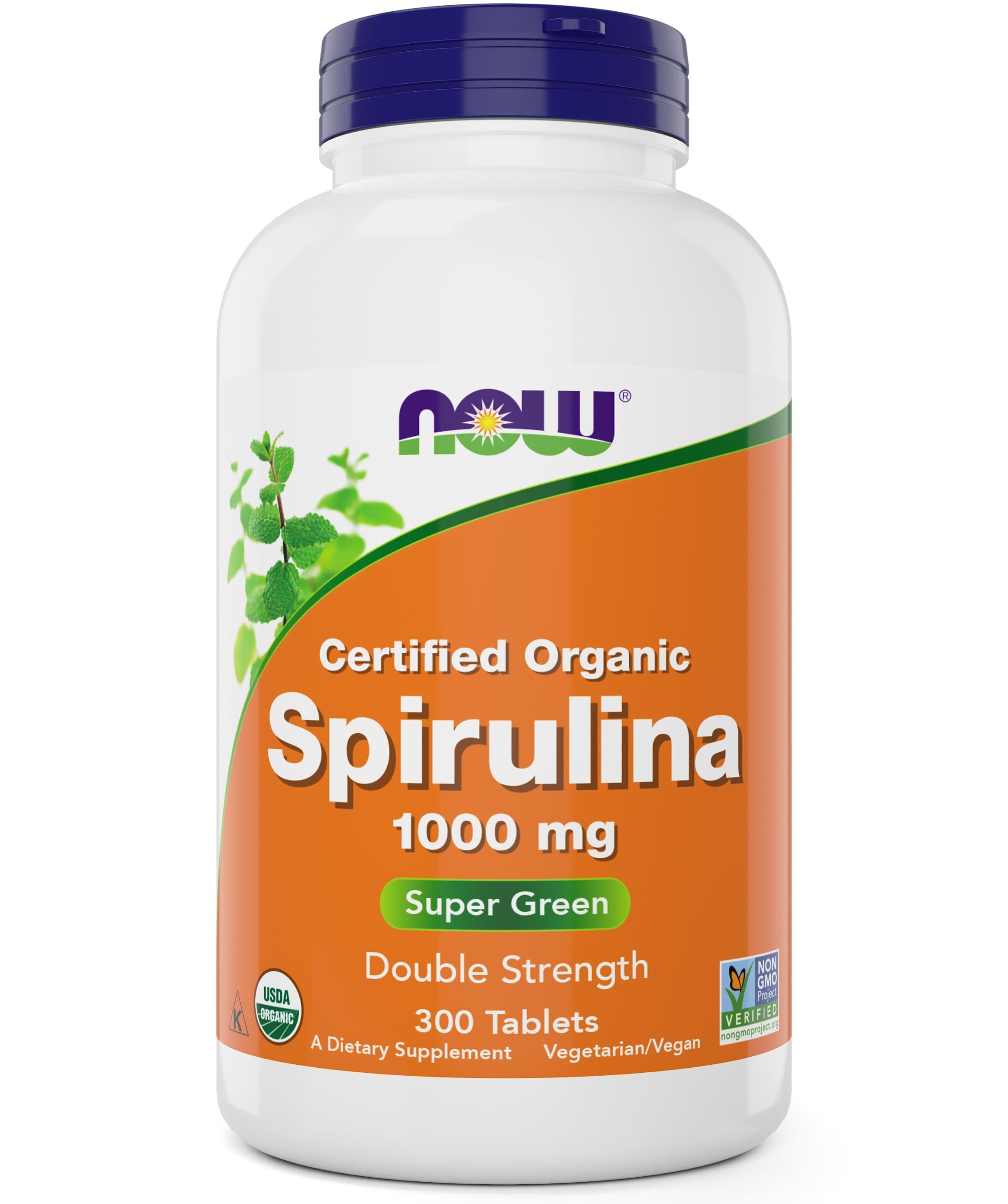 NOW NOW Foods Organic Spirulina 1000mg Tablets - 300 Count - Non-GMO, Super Green Whole Food Supplement - Double Strength 1000 mg - Naturally Occurring Beta-Carotene (VIT A), B-12 and GLA