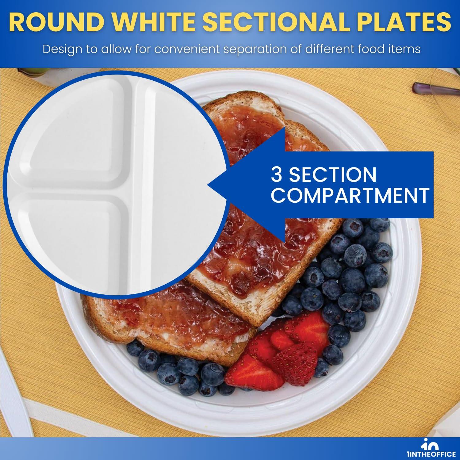 1InTheHome 1InTheHome 3 Compartment plates 9 inch Plastic Sectional Plates, Disposable Plates with Compartment, Round White Sectional Plates 9-inch diameter 125 pcs