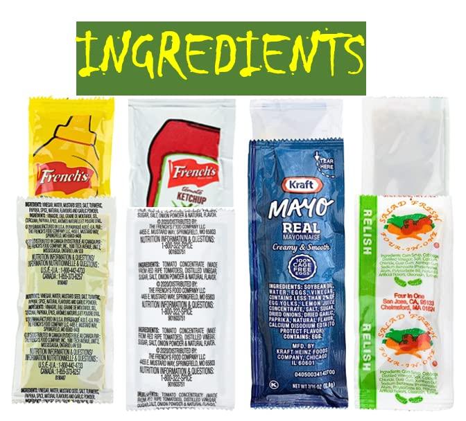 Savor Goods Grab-n-Go Condiment Packs - 50 Single Serve Pouches of Each: Ketchup, Mustard, Mayonnaise, and Relish - Great for, Boxed Lunch, BBQ, Travel, Picnic and Parties (200 Condiment Packets Total)