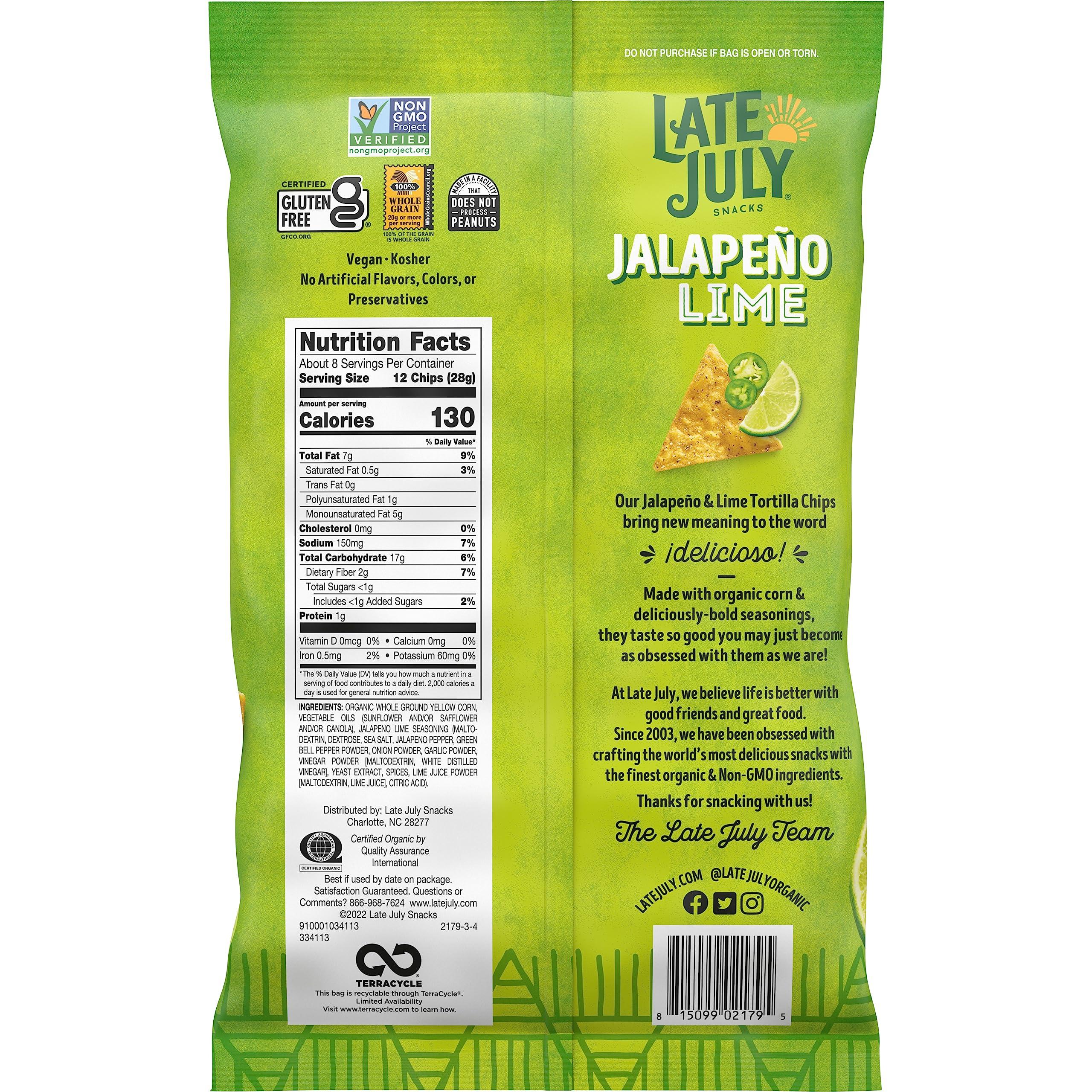 Late July Late July Snacks, Jalapeño Lime Tortilla Chips, 7.8-oz. Bag (Pack of 12)