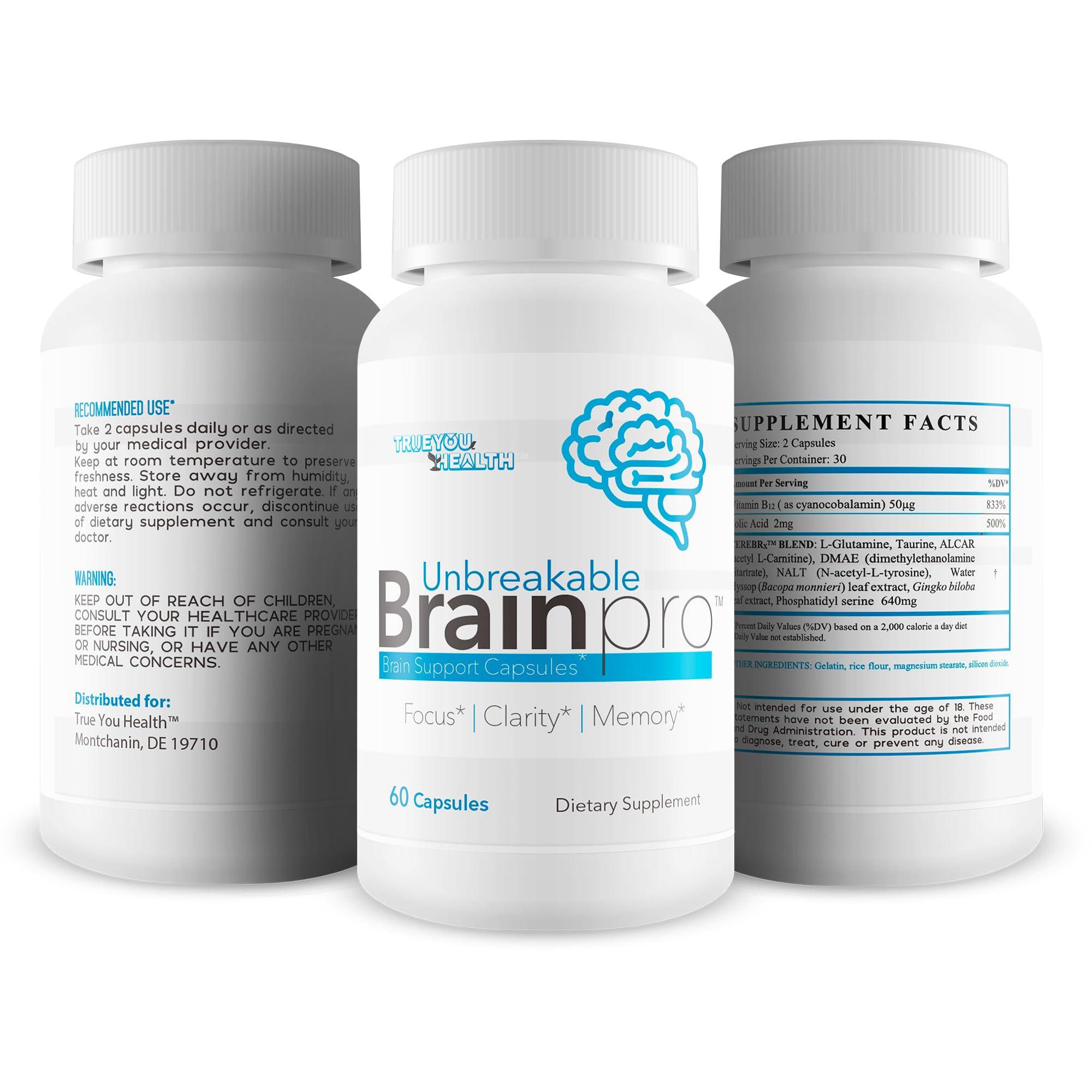 True You Health Unbreakable Brain Pro - Our Best Brain Support Supplement - Premium Brain Memory Support - Natural Brain Health Support - Brain Support for Women & Men - Brain Support Supplements for Memory and Focus