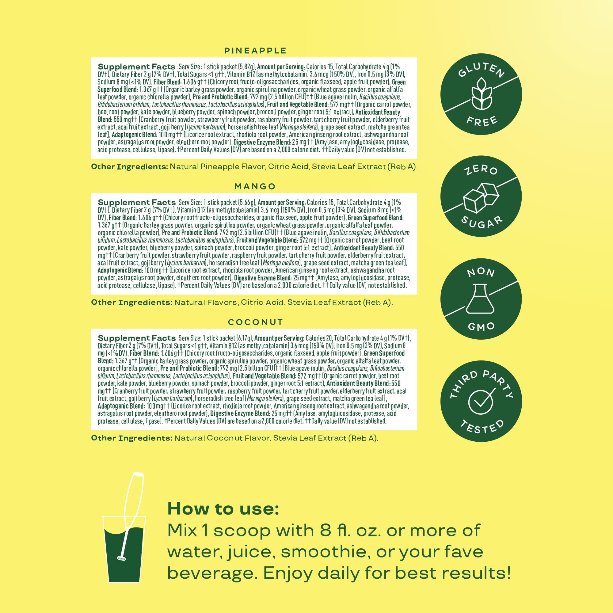 Bloom Nutrition Bloom Nutrition Superfood Greens Powder Stick Packs, Digestive Enzymes with Probiotics and Prebiotics, Gut Health, Bloating Relief for Women, Chlorella, Green Juice Mix, 18 SVG, Tropical Variety