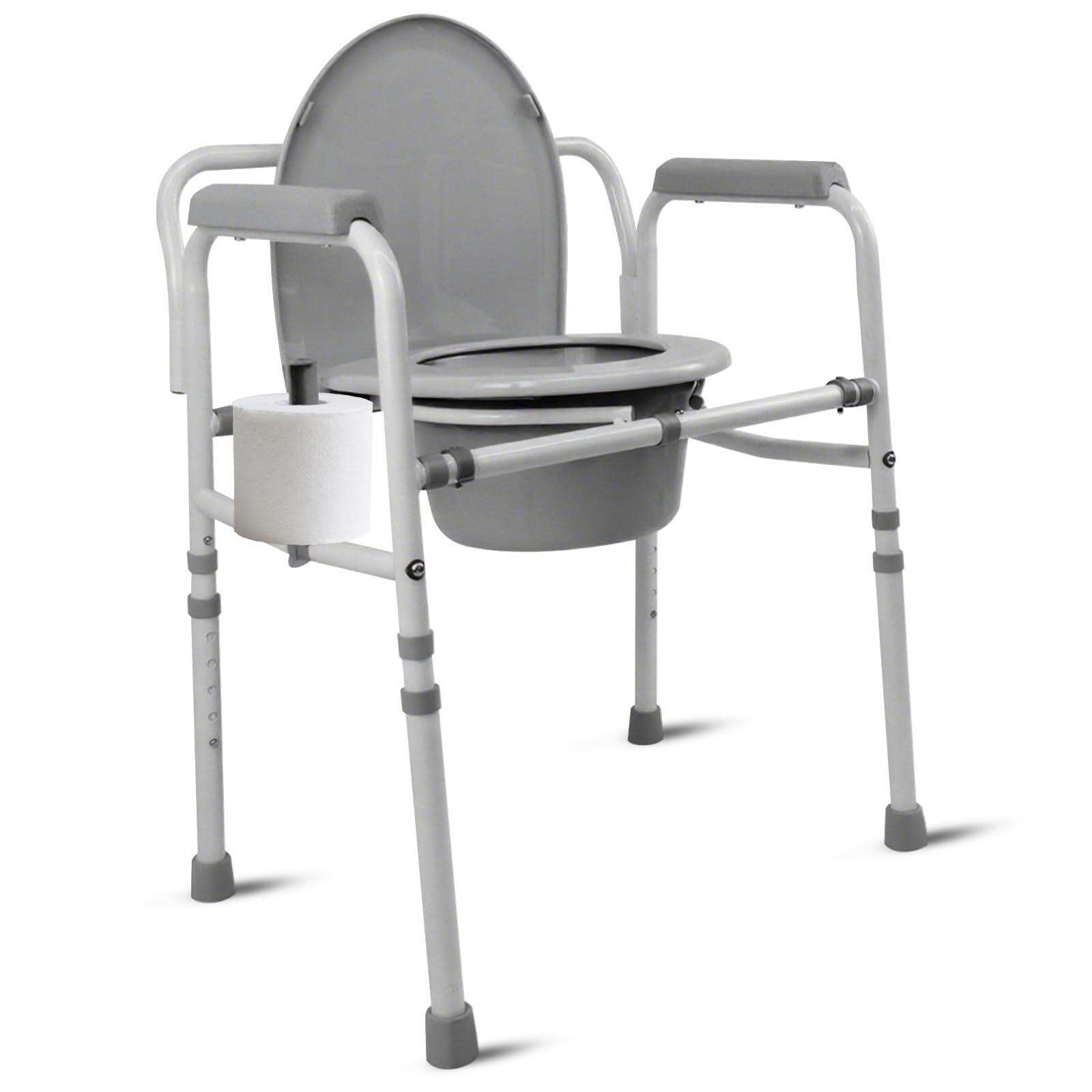 JumboTIGER 3-in-1 Steel Adjustable Bedside Commode,Portable Toilet for Adults 8 Quart,300 lb Weight Capacity Portable Potty,Toilet Seat with Safety Frame, Easy Cleaning, Tool-Free Assembly, Padded Arms,Gray