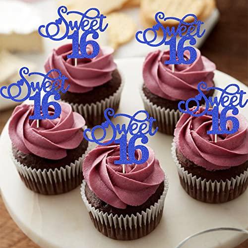 Rsstarxi Rsstarxi 30 Pack Sweet 16 Cupcake Toppers Glitter Love Heart Cheers to 16 Cupcake Picks for 16th Birthday Wedding Anniversary Party Cake Decorations Supplies Deep Blue