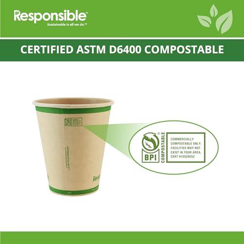 Responsible Products Responsible Products 10 oz Paper Hot Cups, Tree-Less Compostable Paper Coffee Cups, Extra Strength, Tree-Free and Made Without PFAS, Natural Brown (1000 Count)