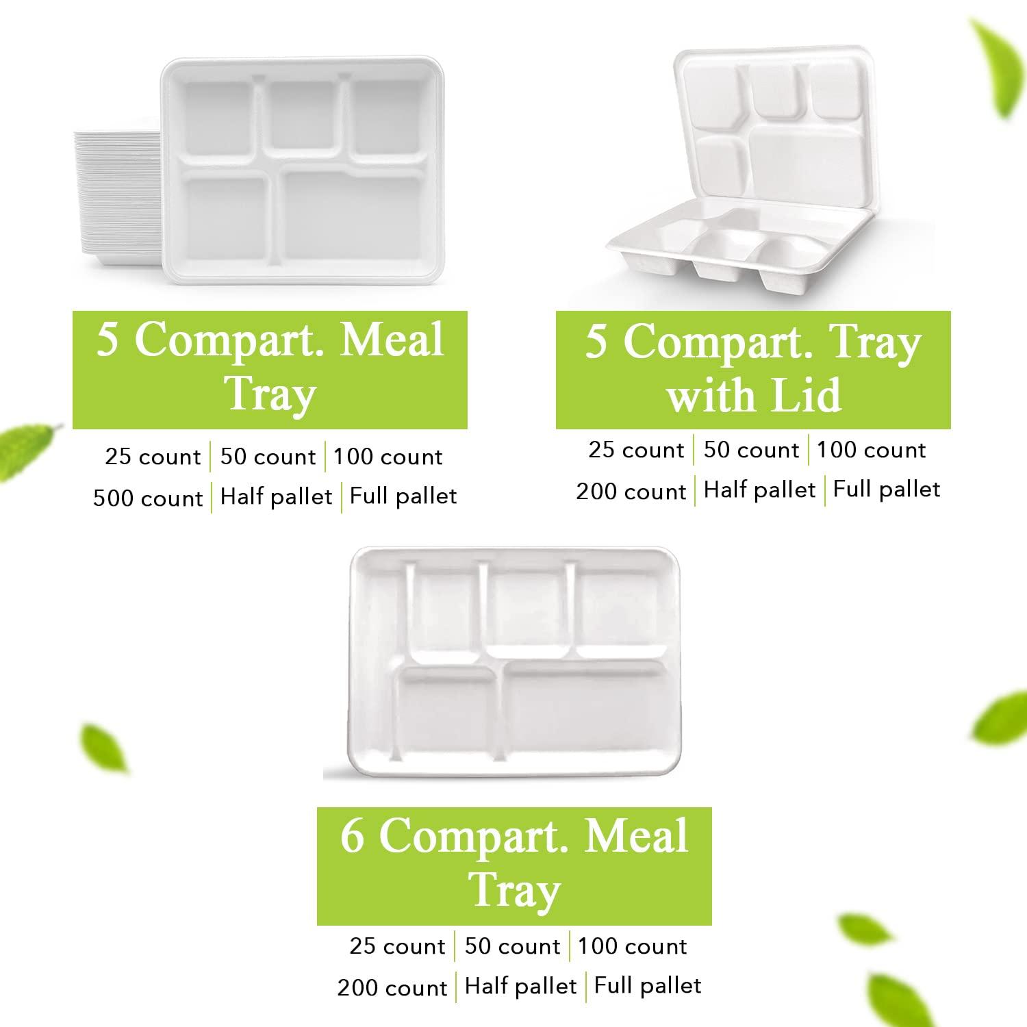 Three Leaf Three Leaf 5 COMPARTMENT BAGASSE (SCHOOL) TRAY 150 Ct. Heavy-Duty- Super Strong- Natural- Eco-Friendly Disposable Bagasse Plates, 100% Biodegradable 5 Compartment meal Plates