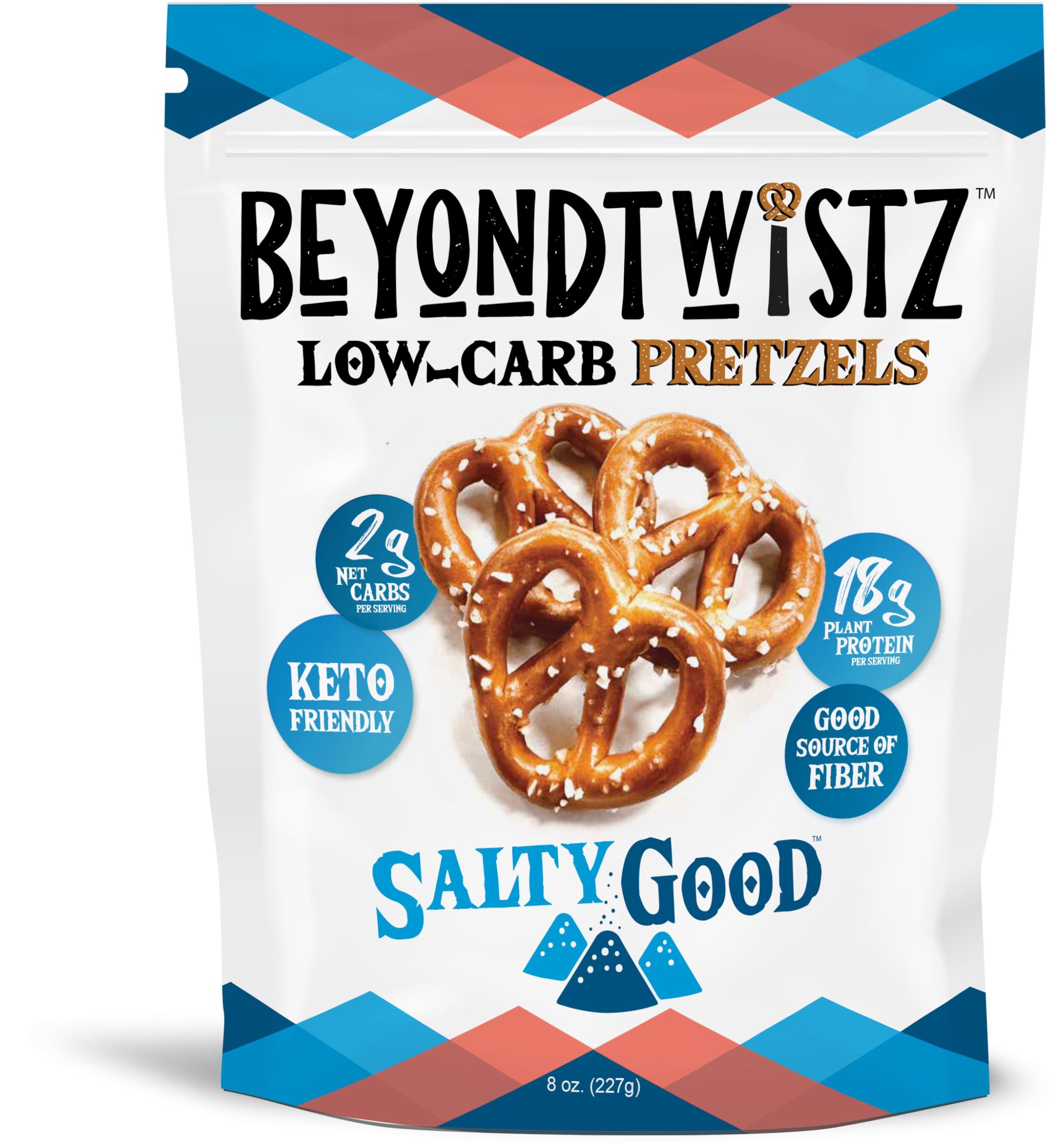 BeyondChipz BeyondTwistz Low Carb Pretzels, Salty Good, Keto Friendly, 2g Net Carbs, 18g Protein, Powered By HealthSense High Fiber Wheat Flour, Family Size 8oz Bag, Pack of 4