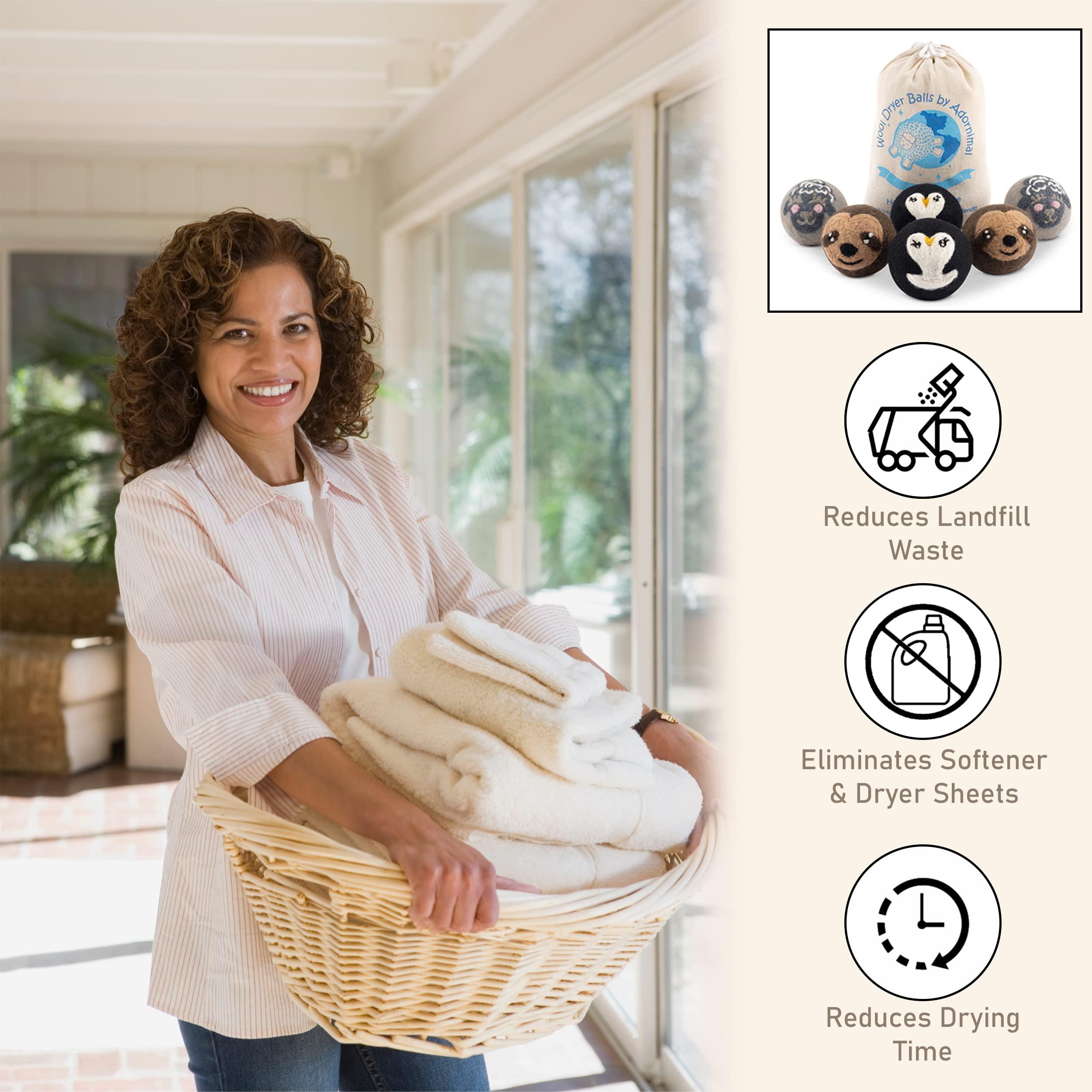 Adornimal Wool Dryer Balls Sloth, Penguin and Sheep Design Dryer Balls Laundry Reusable Natural Fabric Softener 100% Pure New Zealand Wool Handcrafted in Nepal 6 Pack Laundry Balls for Dryer