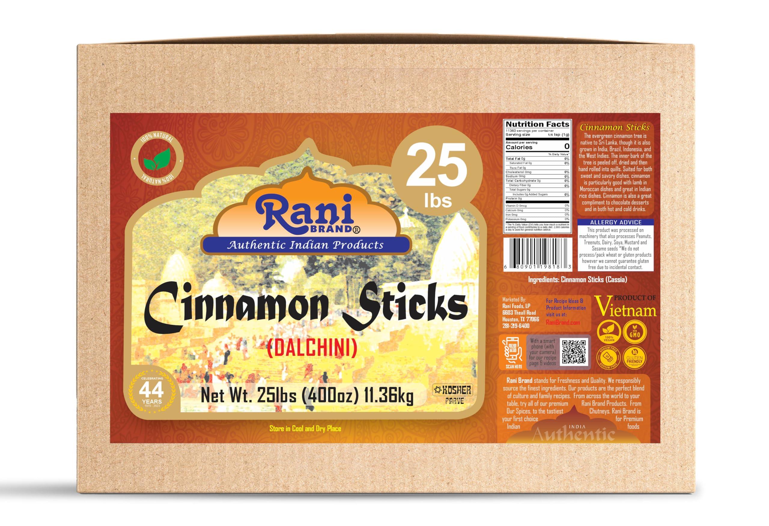 Rani Brand Authentic Indian Products Rani Cinnamon Sticks 400oz (25lbs) 11.63kg Bulk Box - 2300-2500 Sticks - Strong Aroma, Perfect for Baking, Cooking & Beverages | 3+ Inches Length - Cassia Saigon Cinnamon from Vietnam | Kosher