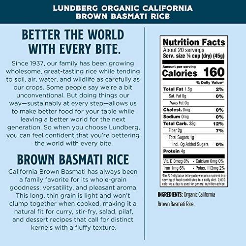 Lundberg Lundberg Family Farms - Organic California Brown Basmati Rice, Pleasant Aroma, Won't Clump When Cooked, High Fiber, 100% Whole Grain, USDA Certified Organic, Gluten-Free, Non-GMO (32 oz, 2-Pack)