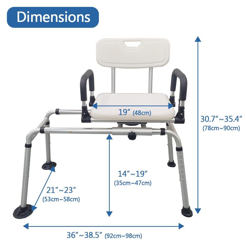 EDWERD Sliding Shower Chair with Swivel Seat - Bath Tub Transfer Benches for Disabled Handicap, Weight Capacity up to 350 LBS, Adjustable Height: 14"~19"