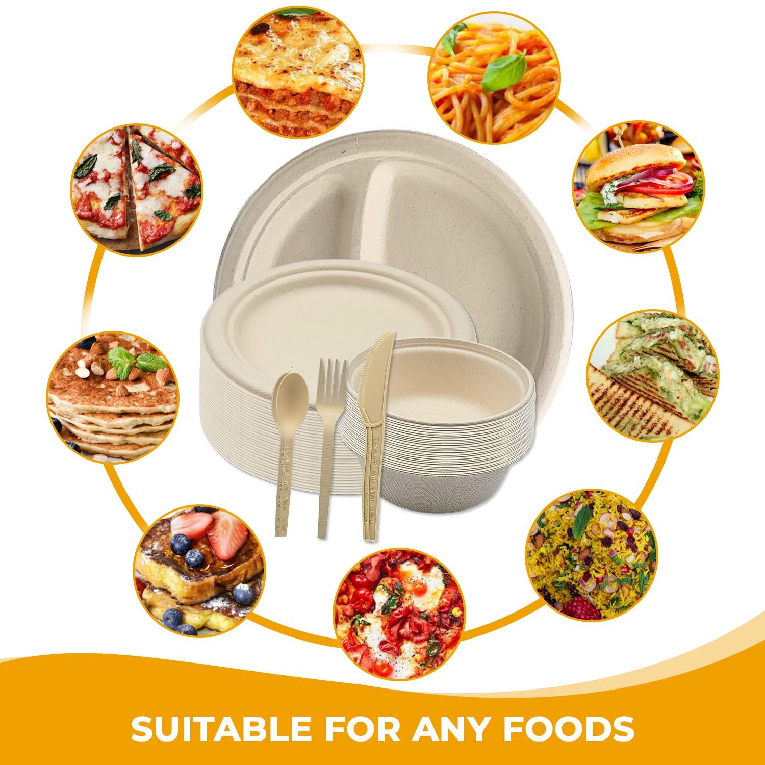 Generic BOX TO BOX Set of 200 pcs Disposable Plates, Paper Bowls, Small Paper Plates and Compostable Utensils. Heavy Duty Paper Plates. Party Plates. Ecofriendly and Biodegradable Plates. Bulk Paper Plates