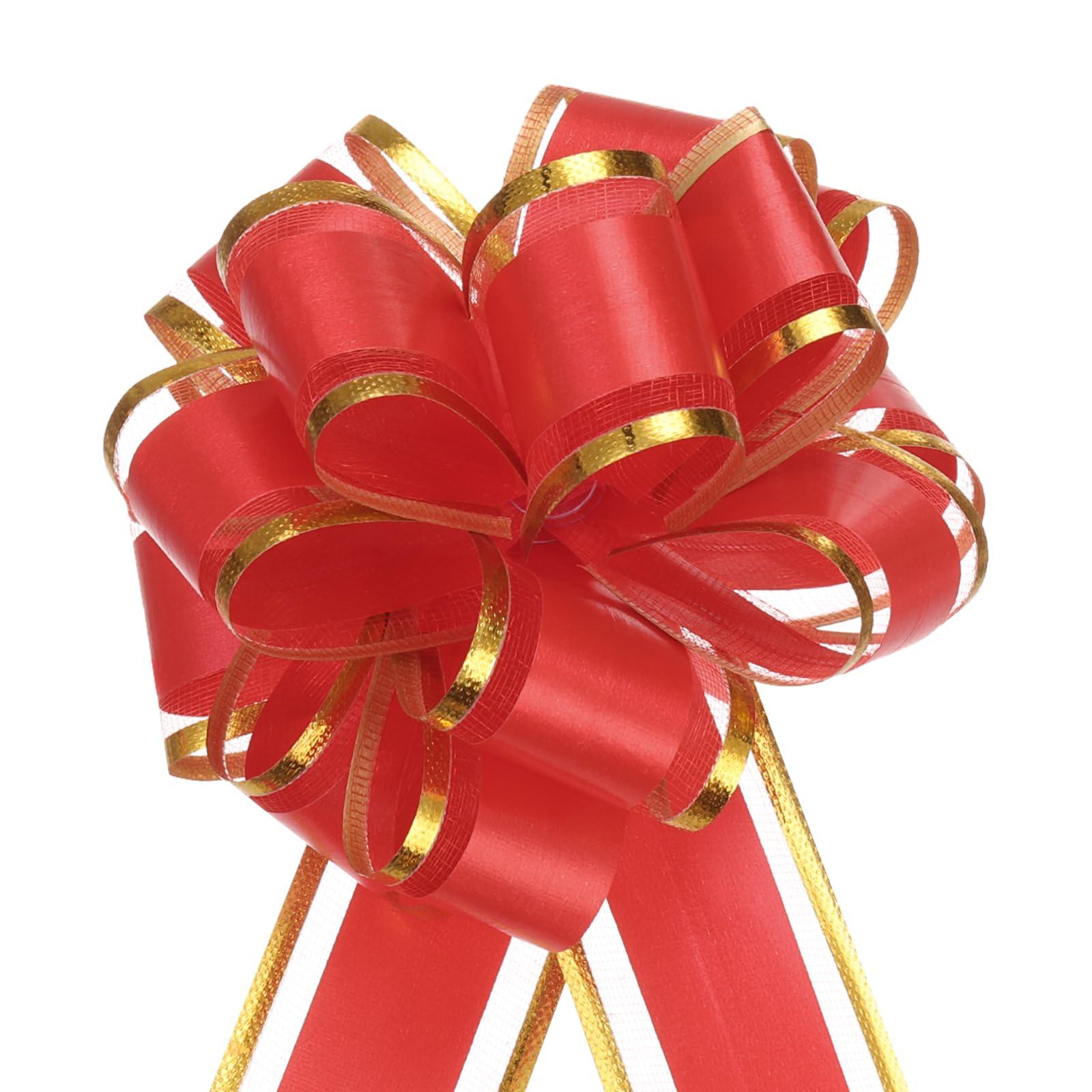 MECCANIXITY MECCANIXITY 5pcs 4 Inch Large Big Pull Bow with Gold Edge, Organza Car Gift Wrapping Bows Ribbon for Wedding Car Baskets Presents Christmas Bow, Red