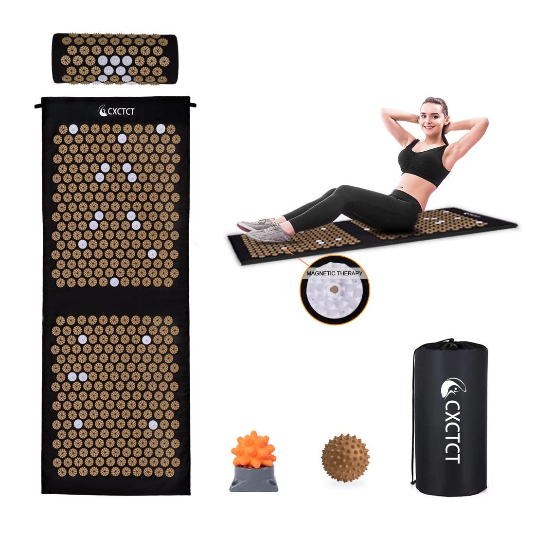 CXCTCT Extra Long Yoga Acupressure Mat Set,Massage Acupuncture Mat Large,Magnetic Mat Acupressure Body mat and Pillow for Neck Back Pain Relief(Gold)