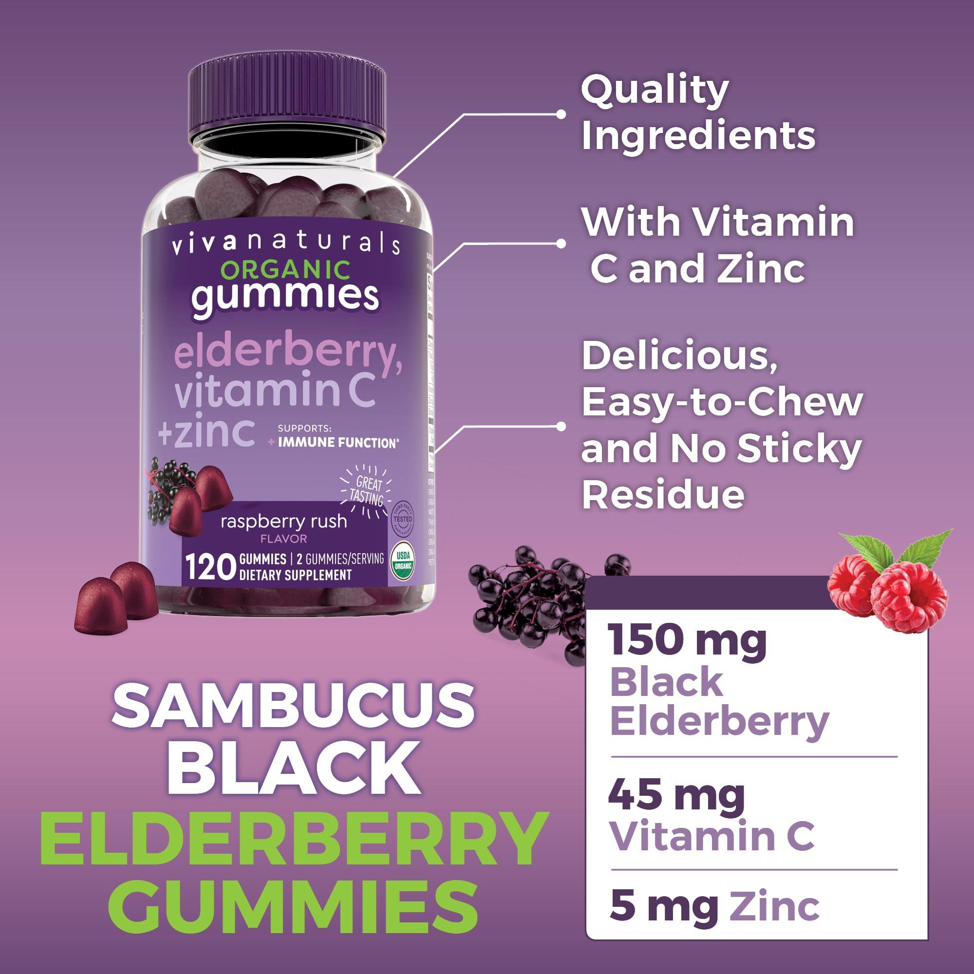 Viva Naturals Organic Sambucus Elderberry Gummies with Zinc and Vitamin C (120 Count) - 3 in 1 Black Elderberry Gummies for Adults Immune Support, Chewable Elderberry Supplements, Immunity Gummies