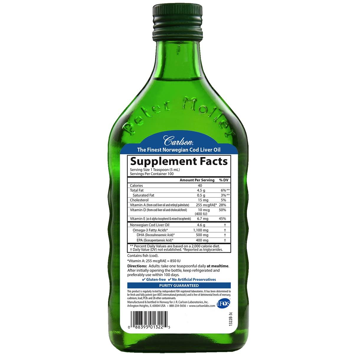 Carlson Carlson - Cod Liver Oil, 1100 mg Omega-3s + A & D3, Wild-Caught Norwegian Arctic Cod-Liver Oil, Sustainably Sourced Nordic Fish Oil Liquid, Unflavored, 500 ml (16.9 Fl Oz)