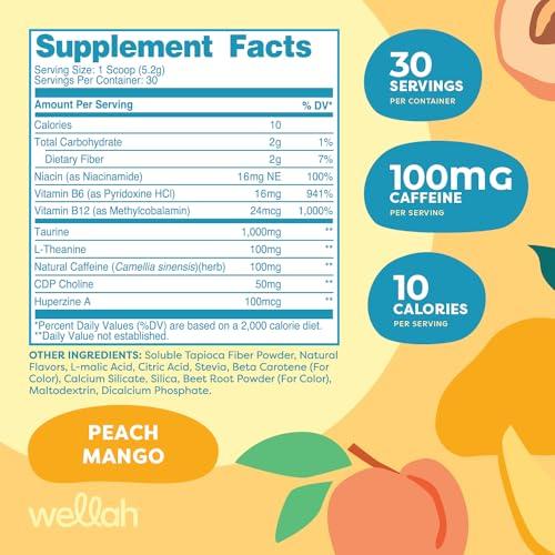 Wellah Wellah Perfect Pick-Me-Up (Peach Mango) 30 Servings - Energy Boost Drink Mix