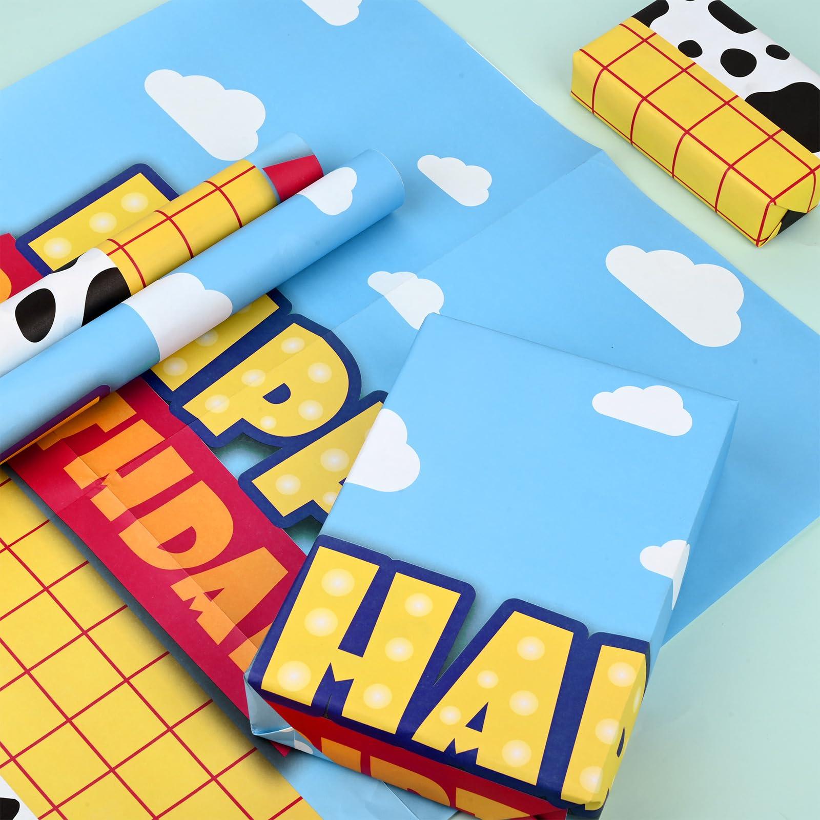 Bolsome Bolsome 12 Sheets Cartoon Story Birthday Wrapping Paper Blue Sky White Clouds Cow Printed Gift Wrap Paper for Kids for Baby Shower Cartoon Themed Party DIY Craft, 19.7 27.5 Inches, Folded Flat