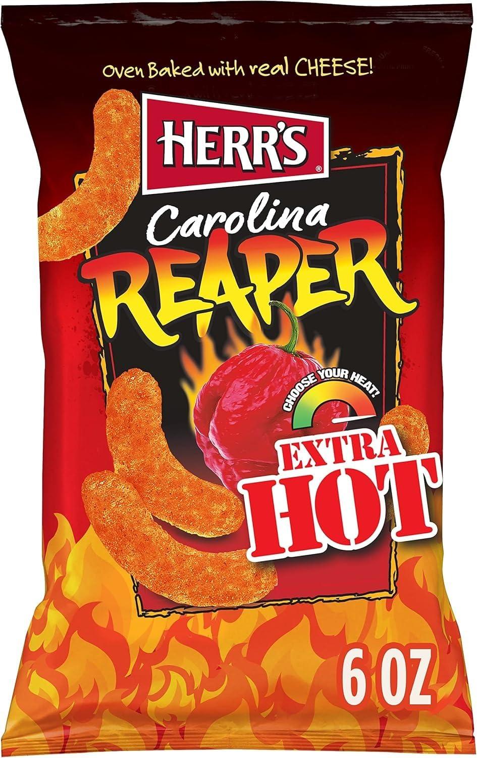HERR'S Herr’s Cheese Curls, Carolina Reaper Flavor, Gluten Free Snacks, 6oz Bag (12 Count)
