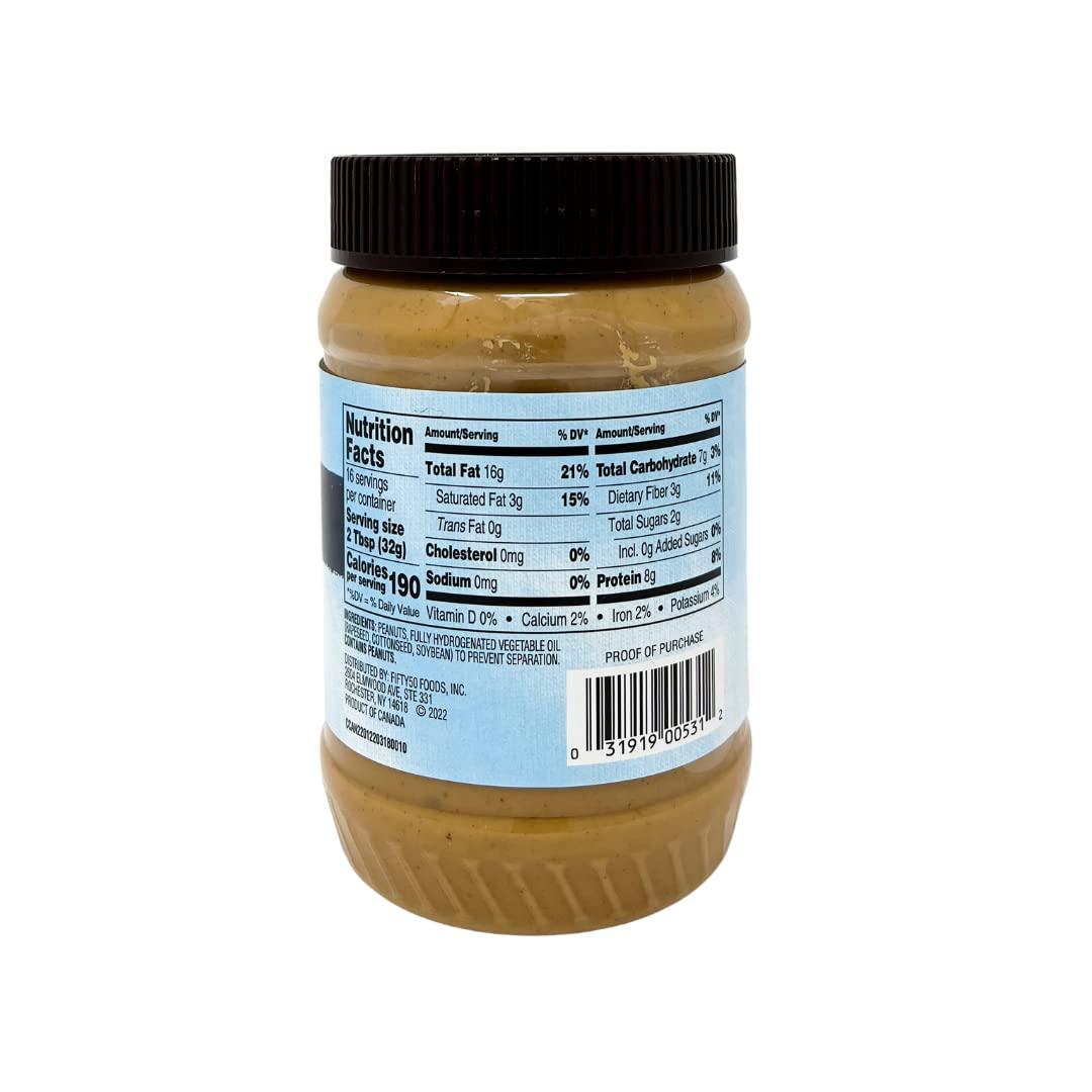 FIFTY 50 Fifty50 Foods Low Glycemic, No Added Sugar, No Stir Crunchy Peanut Butter, 18 Ounce (Pack of 6)