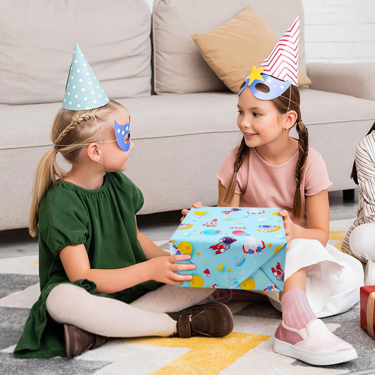 NEPOG Outer Space Wrapping Paper for Boys Girls Kids, Astronauts Rockets Moon Planets Pattern Space Galaxy Wrapping Paper 6 Sheets Folded Flat 20x28 inches per Sheet for Space Theme Birthday Baby Shower