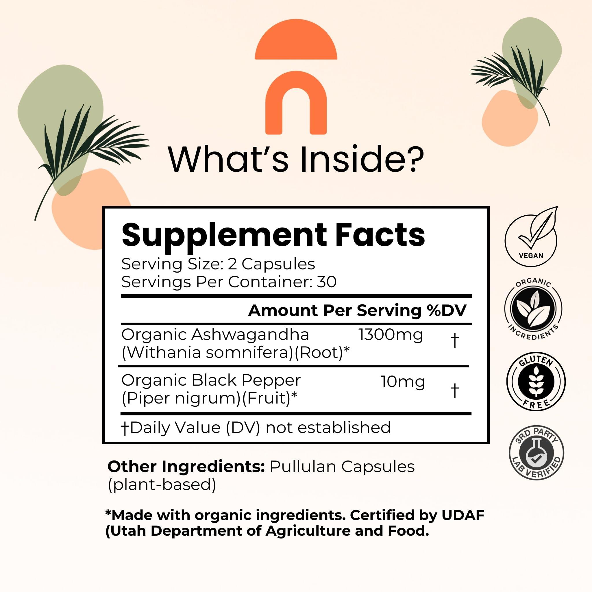 NutriRise NutriRise Organic Ashwagandha Root Capsules with Black Pepper, 1300mg, Natural Stress & Mood, Thyroid & Immune Support Supplement, Clarity, Focus & Energy, Gluten Free, 60 Count