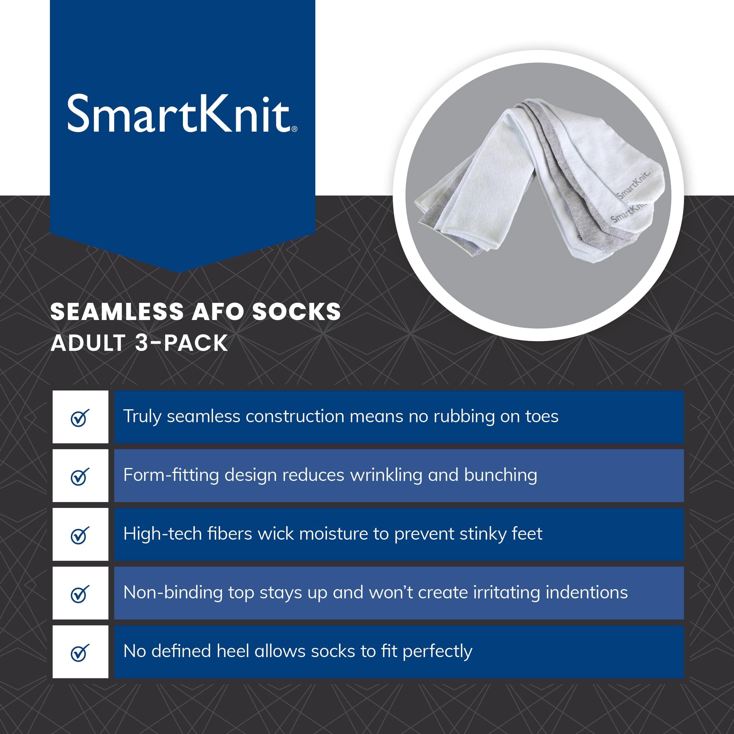 SMARTKNIT SmartKnit Seamless AFO Interface Socks 3 Pack - Adult Regular - White White & Gray
