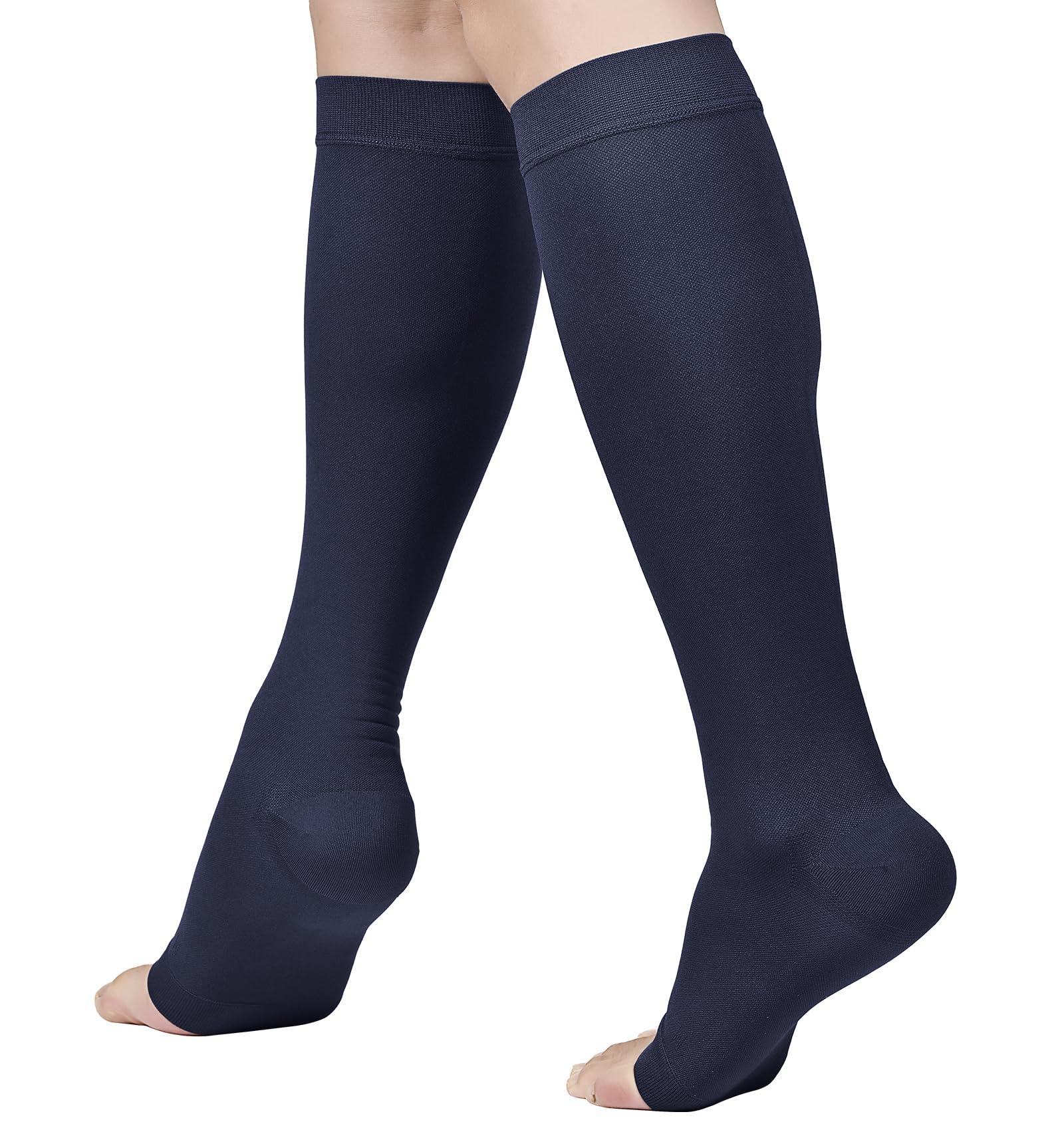 MGANG MGANG 20-30 mmHg Compression Stocking for Men and Women, Medical Compression Socks, Knee High Length, Open Toe, for DVT, Varicose Veins, Relief Shin Splints, Edema, Navy Blue X-Large