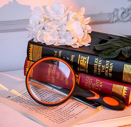 HOMEGOAL Magnifying Glass 10X Handheld Reading Magnifier with Cleaning Cloth-100MM 4INCHES Large Magnifying Lens with Non-Slip Soft Handle for Seniors Book Newspaper Reading and Kids Nature Hobby Exploration