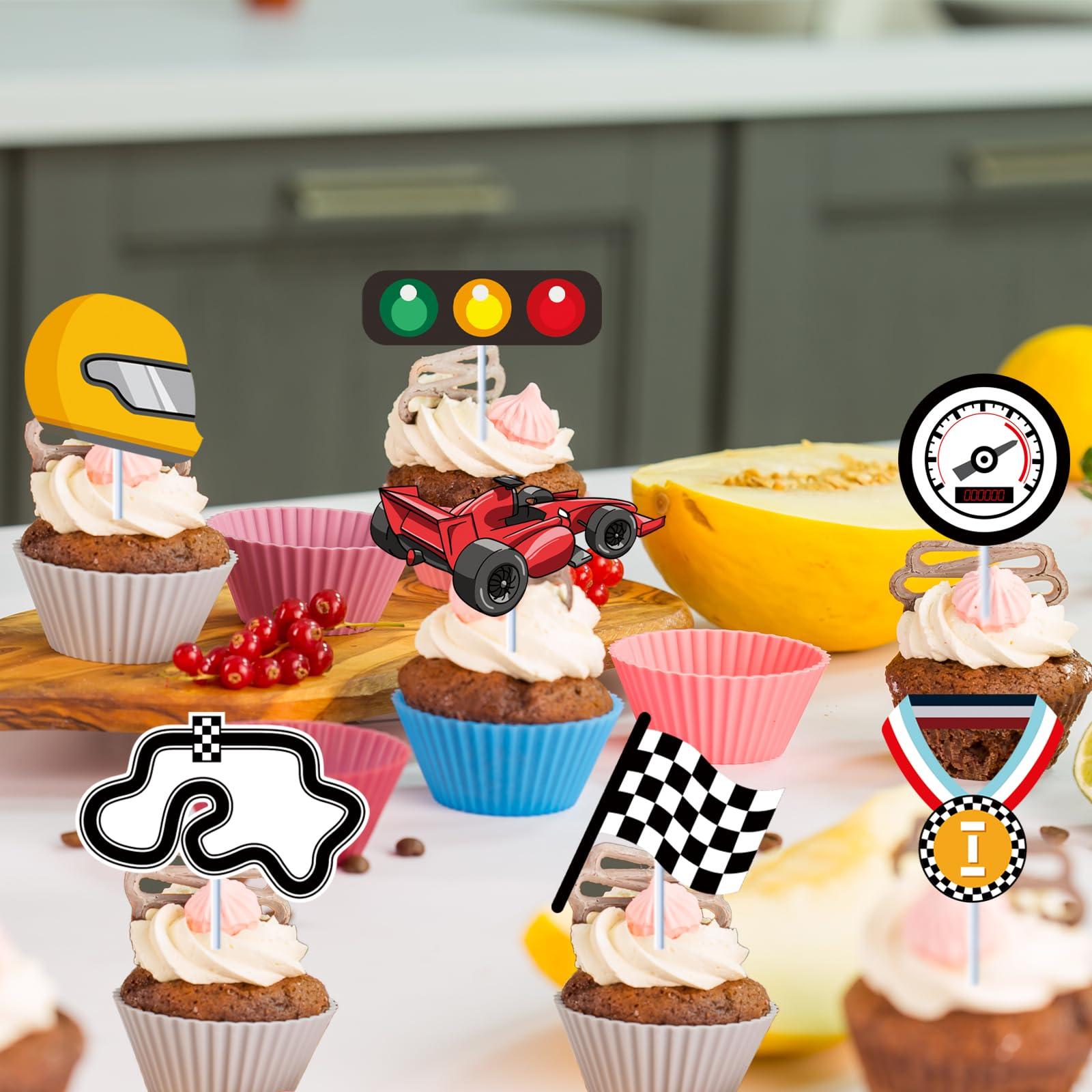 HYYHXFS 36Pcs Racing Car Cupcake Toppers Racing Car Happy Birthday Cake Party Decorations Checkered Track Trophy Two Fast Fast One Cupcake Picks Kids Boy Girl Birthday Party Supplies