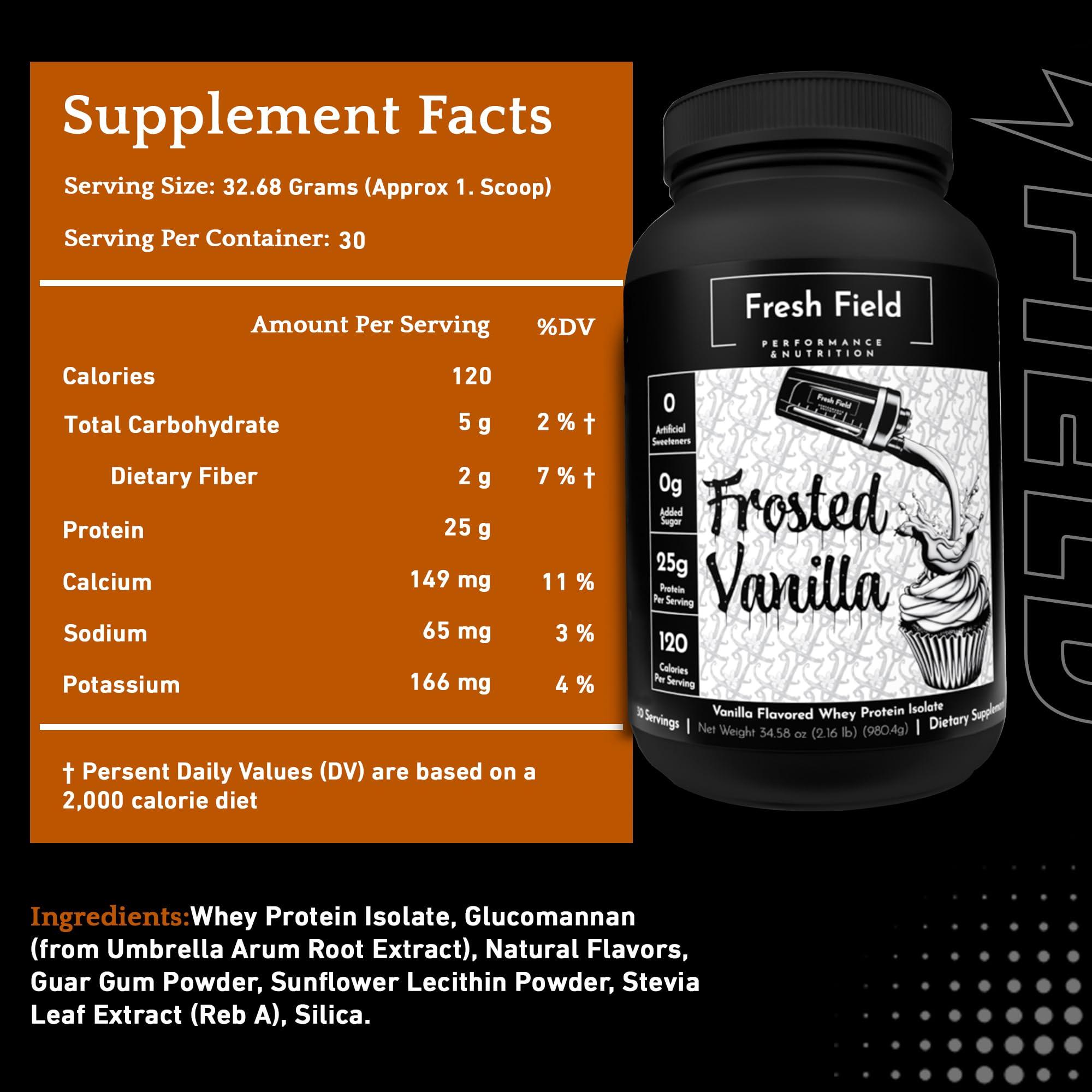 Fresh Field Vanilla Protein Powder - Whey Protein Isolate Powder (25 gm) - Gluten Free Protein - Soy Free 100% Whey Isolate Protein - Sugar Free - 30 Servings with One Scoop Size