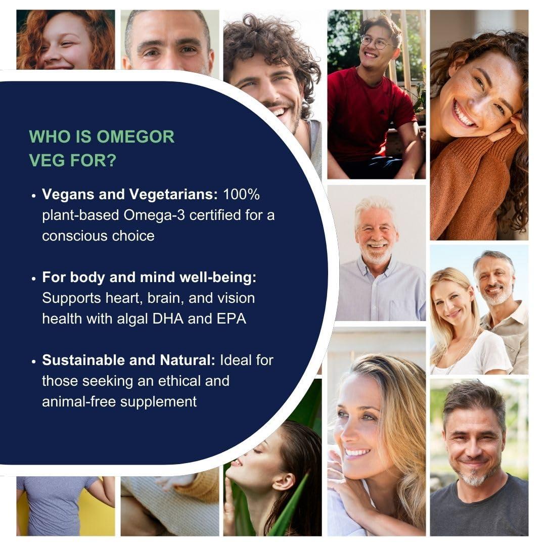 OMEGOR Omegor Veg Omega-3 Vegan (60 Capsules) Plant-Based Omega-3 Derived from Algal Oil, Enriched with Vitamin E Contains 250mg DHA and 125mg EPA per Capsule IFOS and Vegan Society Certified