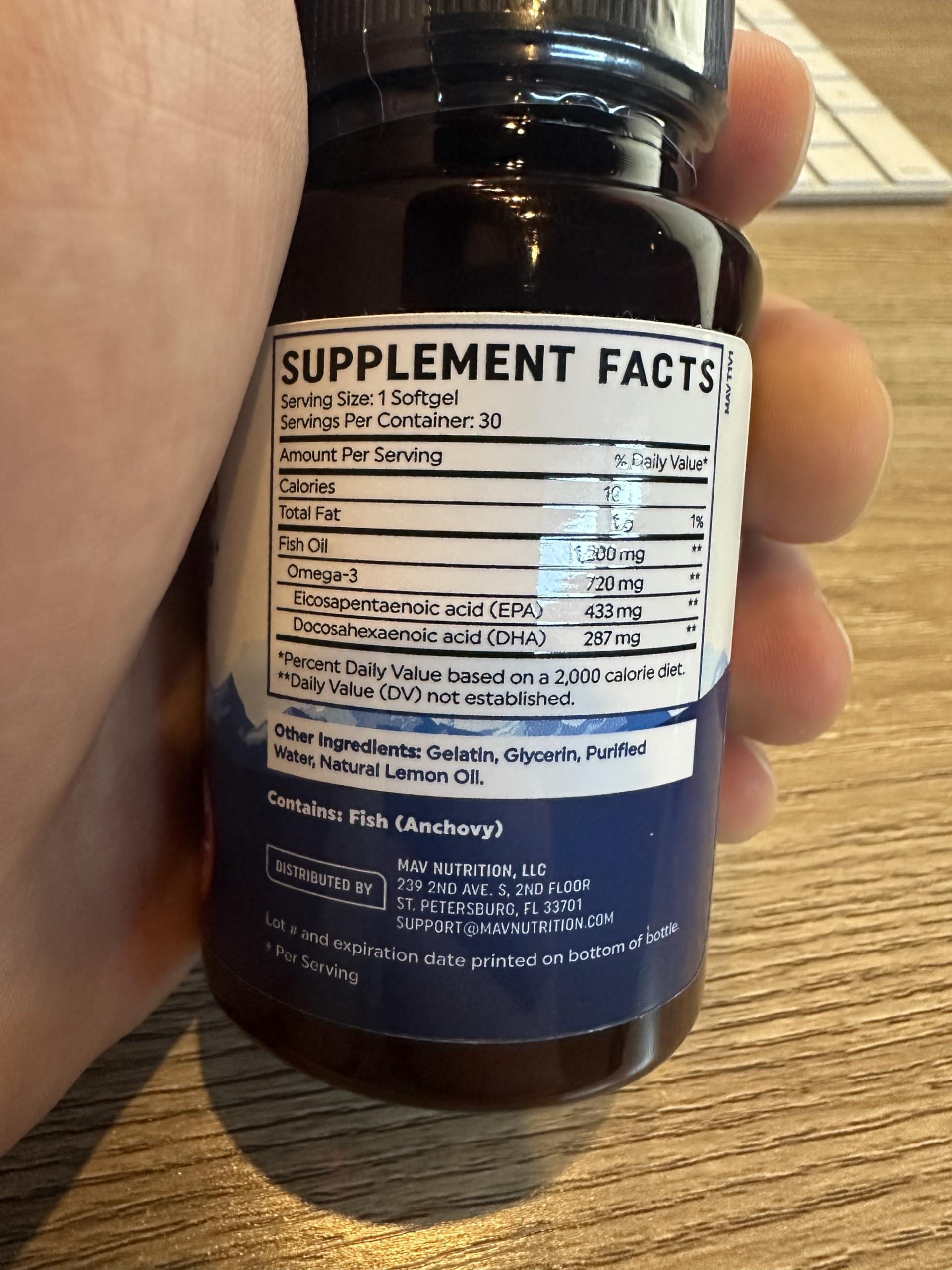 MAV NUTRITION Triple Strength Omega 3 Fish Oil 1200 mg | EPA & DHA | Wild Caught, Sustainably Sourced Omega-3 Fatty Acids | Premium Burpless Fish Oil Supplements | Non-GMO, Third-Party Tested | 30 Softgels