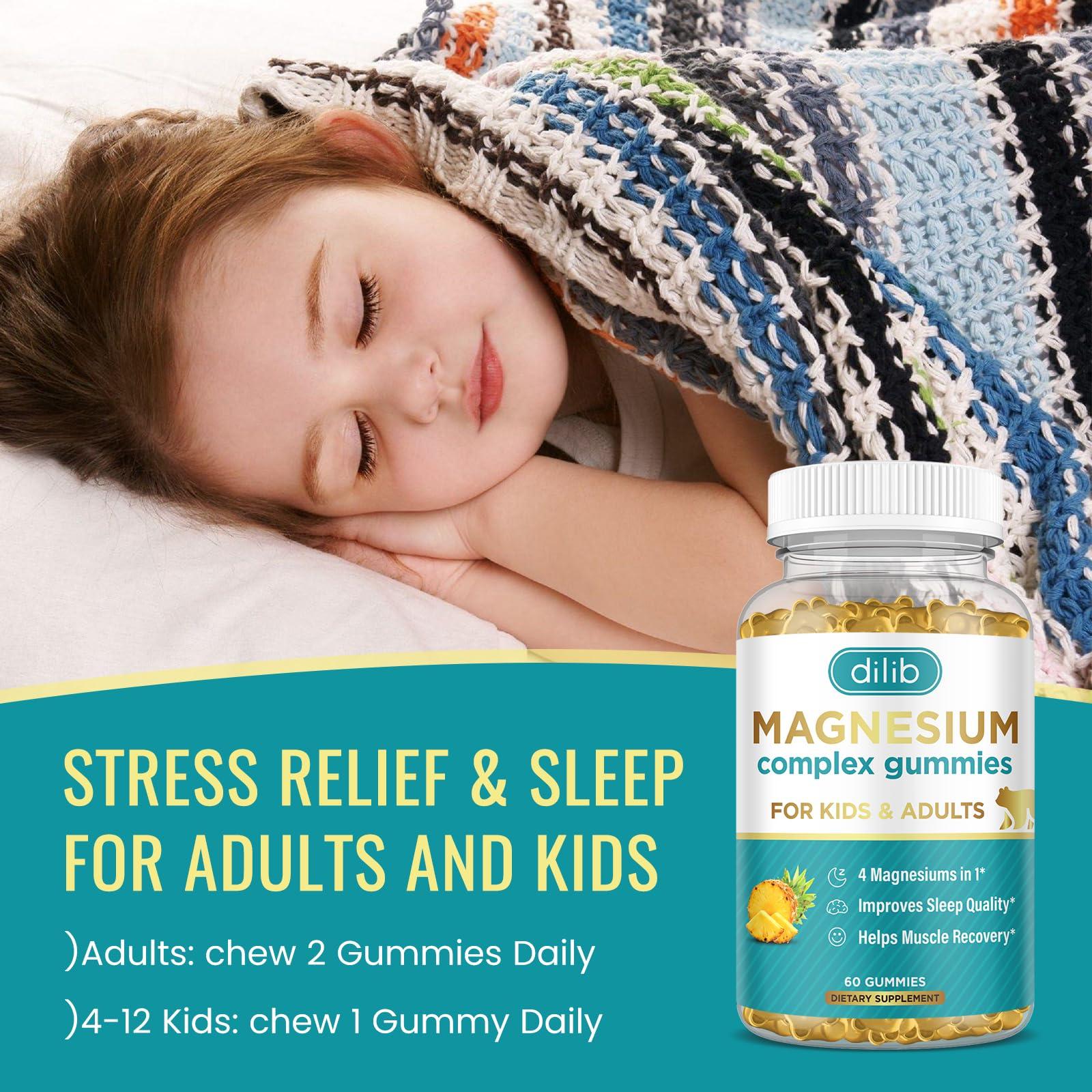 dilib Magnesium Complex Gummies- Calm Chewable Gummies for Kids & Adults- Magnesium Glycinate, Taurate, Citrate, Malate, Supplement-Support Calm Stress Relief, Bone, Muscle, Mood Vegan, 60 Gummies