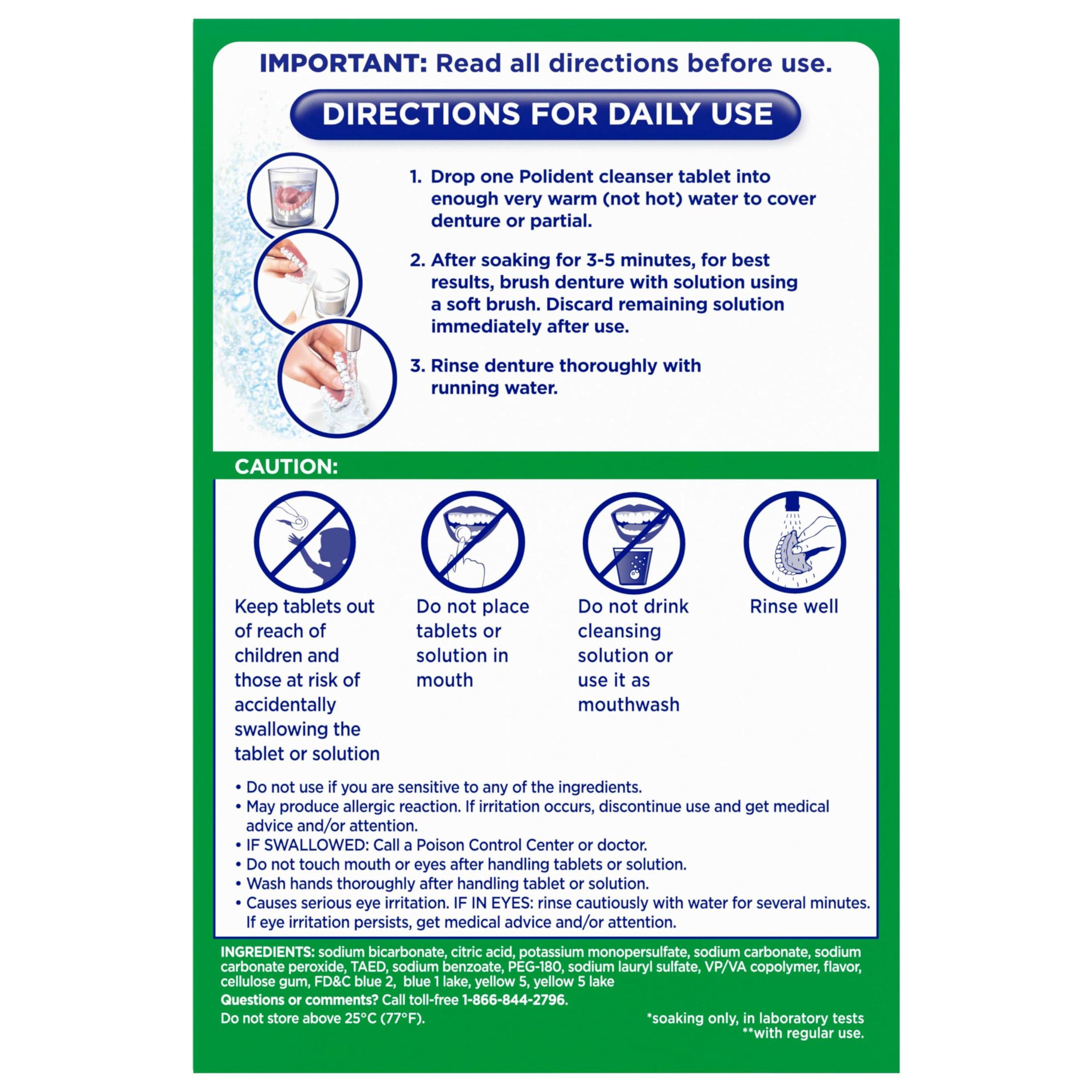 Polident Polident 3 Minute Denture Cleanser Tablets - Cleans Removable Oral Appliances, Clear Retainers, and Mouth Guards - 84 Count (Pack of 3)